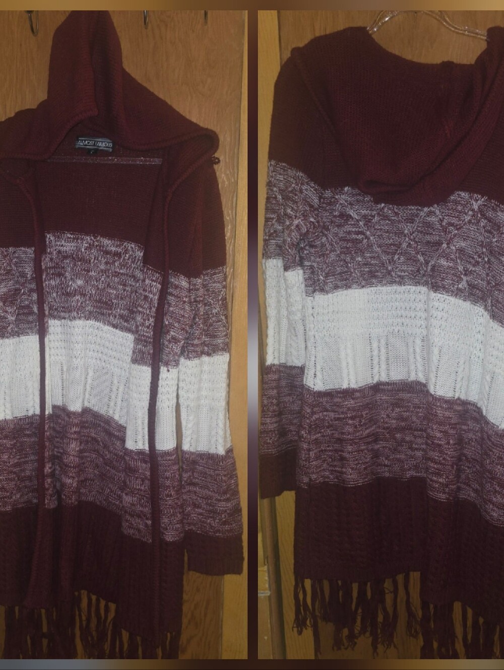 Almost famous woman's Large knitted hooded tassel boho long sweater coat